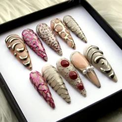 Alternative view of Artistic Beige Press On Nails - 3D Metallic Chrome Swirls - Luxury Custom Reusable Nails