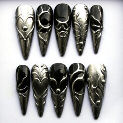 Silver Chrome Cyber Press On Nails - Gothic Black & Metallic Stiletto Nails, Goth Nail