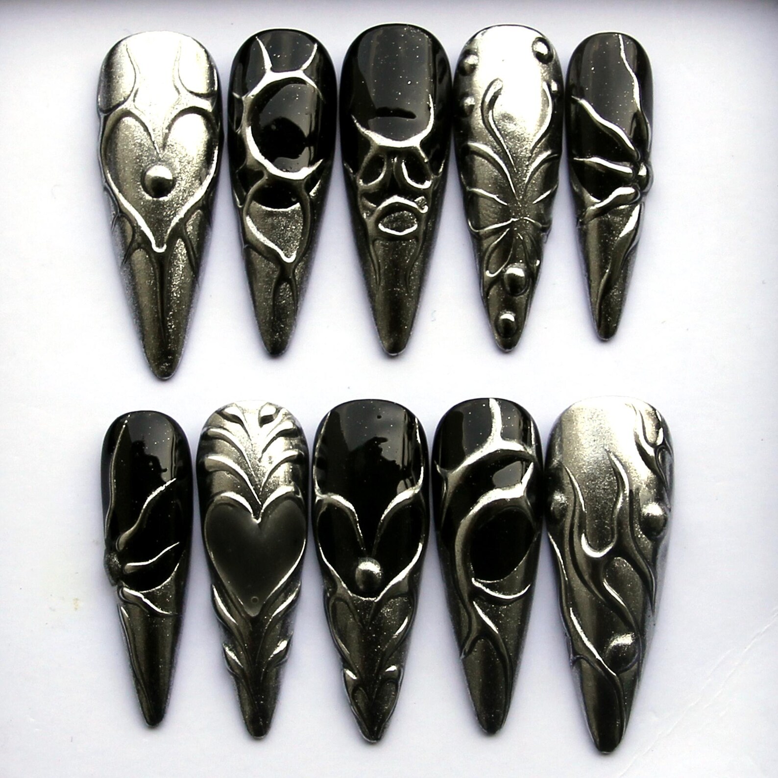 Silver Chrome Cyber Press On Nails - Gothic Black & Metallic Stiletto Nails, Goth Nail
