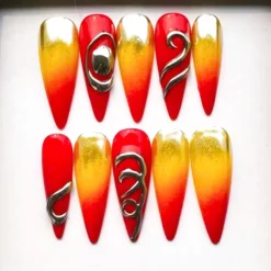 Red Chrome Stiletto Nails | 3D Silver Swirl Ombre Sunset Gradient Y2K Grunge