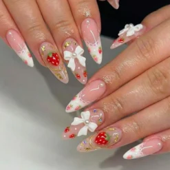 Alternative view of Hand-Painted Strawberry Bow Nails | Pink French Coquette Press-Ons