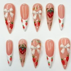 Hand-Painted Strawberry Bow Nails | Pink French Coquette Press-Ons