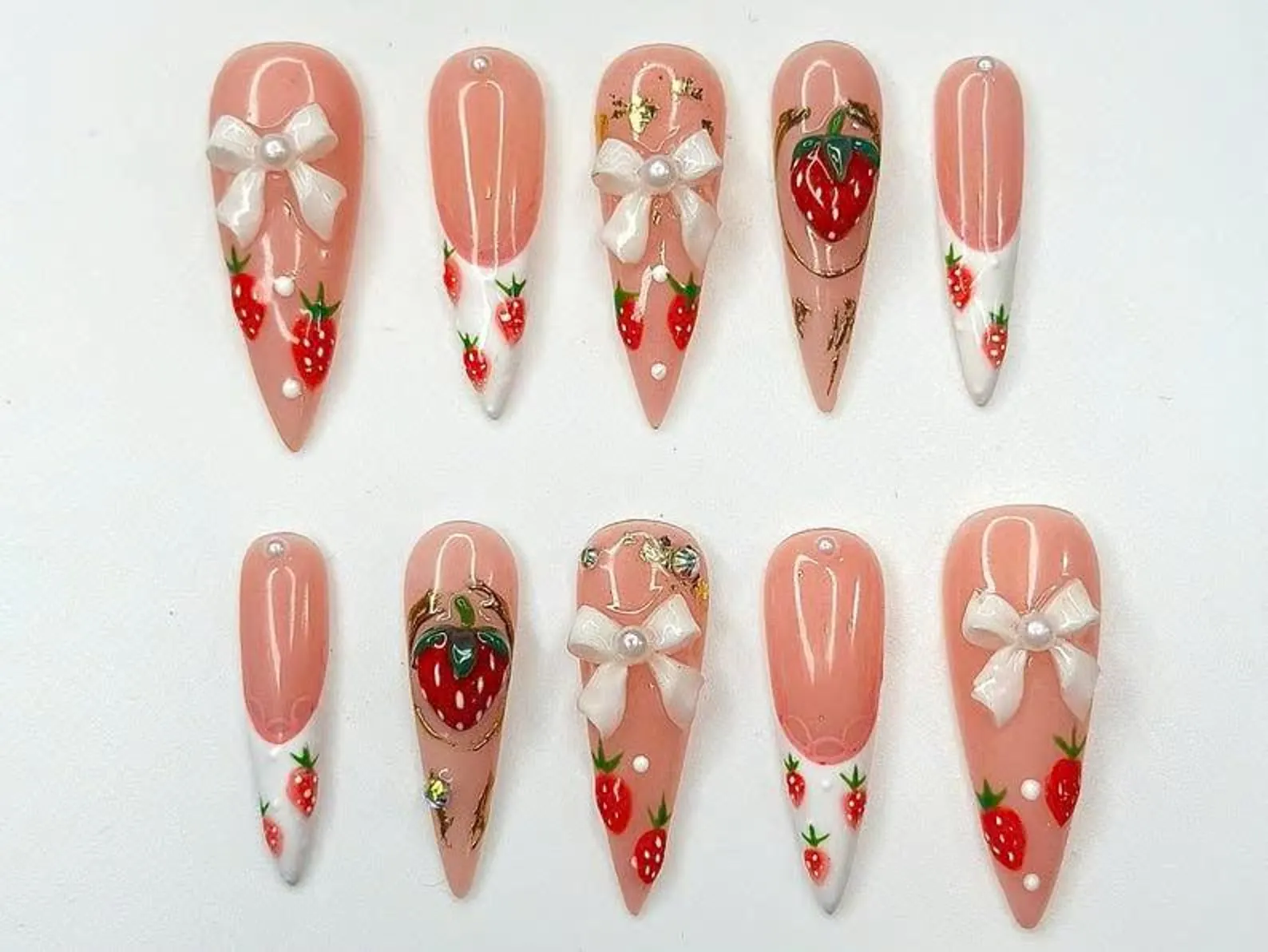 Hand-Painted Strawberry Bow Nails | Pink French Coquette Press-Ons
