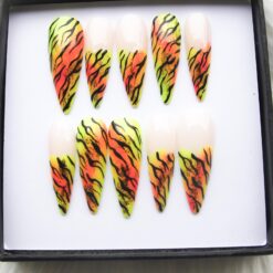 Neon Tiger Print Stiletto Press on Nails | Hot Pink Lime Green Ombre Y2K Fashion