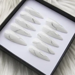 Alternative view of White Glitter Swirl Stiletto Press On Nails | Elegant Bridal Abstract Wave Long Nails