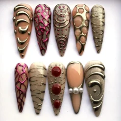 Artistic Beige Press On Nails - 3D Metallic Chrome Swirls - Luxury Custom Reusable Nails