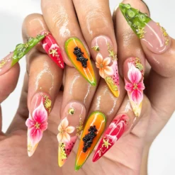 Alternative view of 3D Tropical Papaya & Ocean Nails | Summer Starfish Seahorse Press Ons | Juicy Fruit Botanical Luxury Stiletto Art