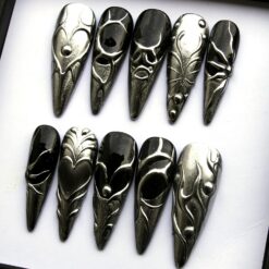 Alternative view of Silver Chrome Cyber Press On Nails - Gothic Black & Metallic Stiletto Nails, Goth Nail