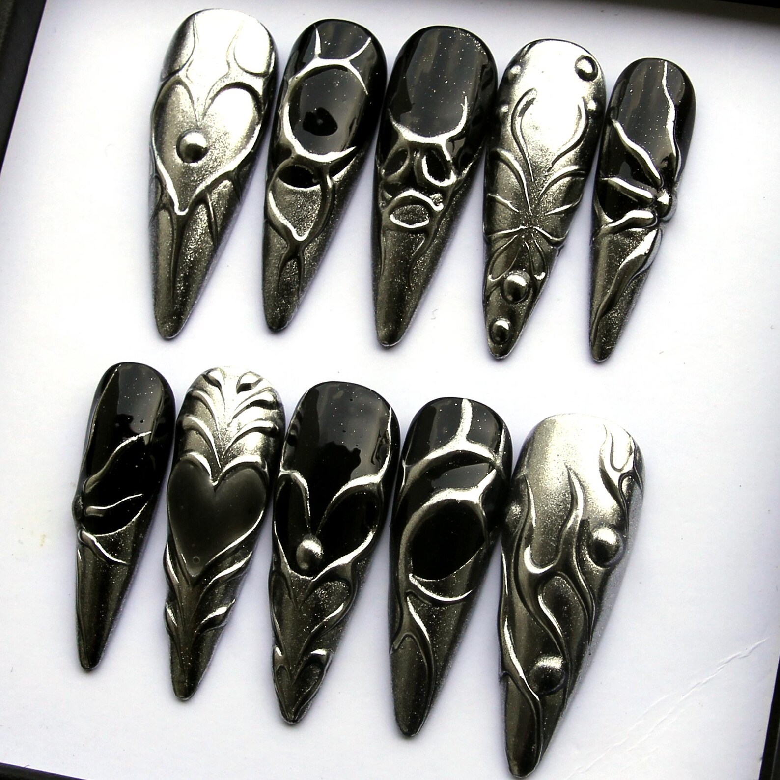 Silver Chrome Cyber Press On Nails - Gothic Black & Metallic Stiletto Nails, Goth Nail - Image 2