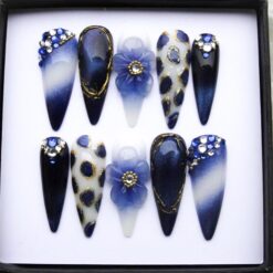 Royal Blue Stiletto Press on Nails | 3D Flower, Leopard Print, Cat Eye Crystals