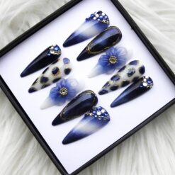 Alternative view of Royal Blue Stiletto Press on Nails | 3D Flower, Leopard Print, Cat Eye Crystals