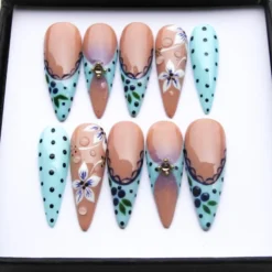 Teal & Nude Stiletto Press on Nails | 3D Water Drops Floral Nail Art | Polka Dot French Tip Fake Nails | Handmade Kawaii Spring Nails V402