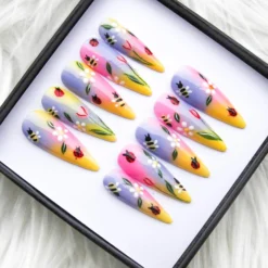Alternative view of Hand-Painted Stiletto Press on Nails | Ladybug Floral Design, Spring Ombre False Nails
