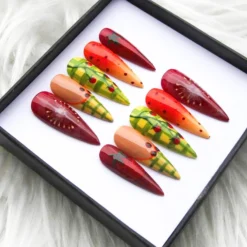 Alternative view of Tomato Red Stiletto Press on Nails | Green Plaid Picnic Nail Art