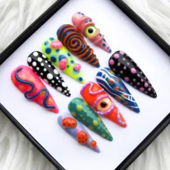 Alternative view of Trippy Psychedelic Stiletto Press on Nails | Neon Eye Spiral Art (Long Reusable) V395
