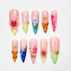 Tropical Sea Breeze Press On Nails | 3D Seashell & Starfish Nails | Colorful Ocean Nail Set | Summer Vacation Nails