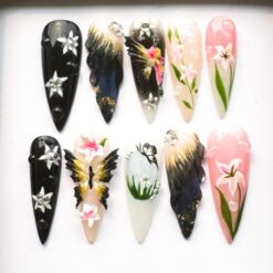 Maximalist Floral Press On Nails with 3D Butterfly Charms | Black Pink Editorial False Nails