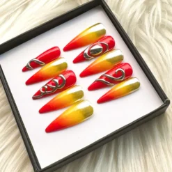 Alternative view of Red Chrome Stiletto Nails | 3D Silver Swirl Ombre Sunset Gradient Y2K Grunge