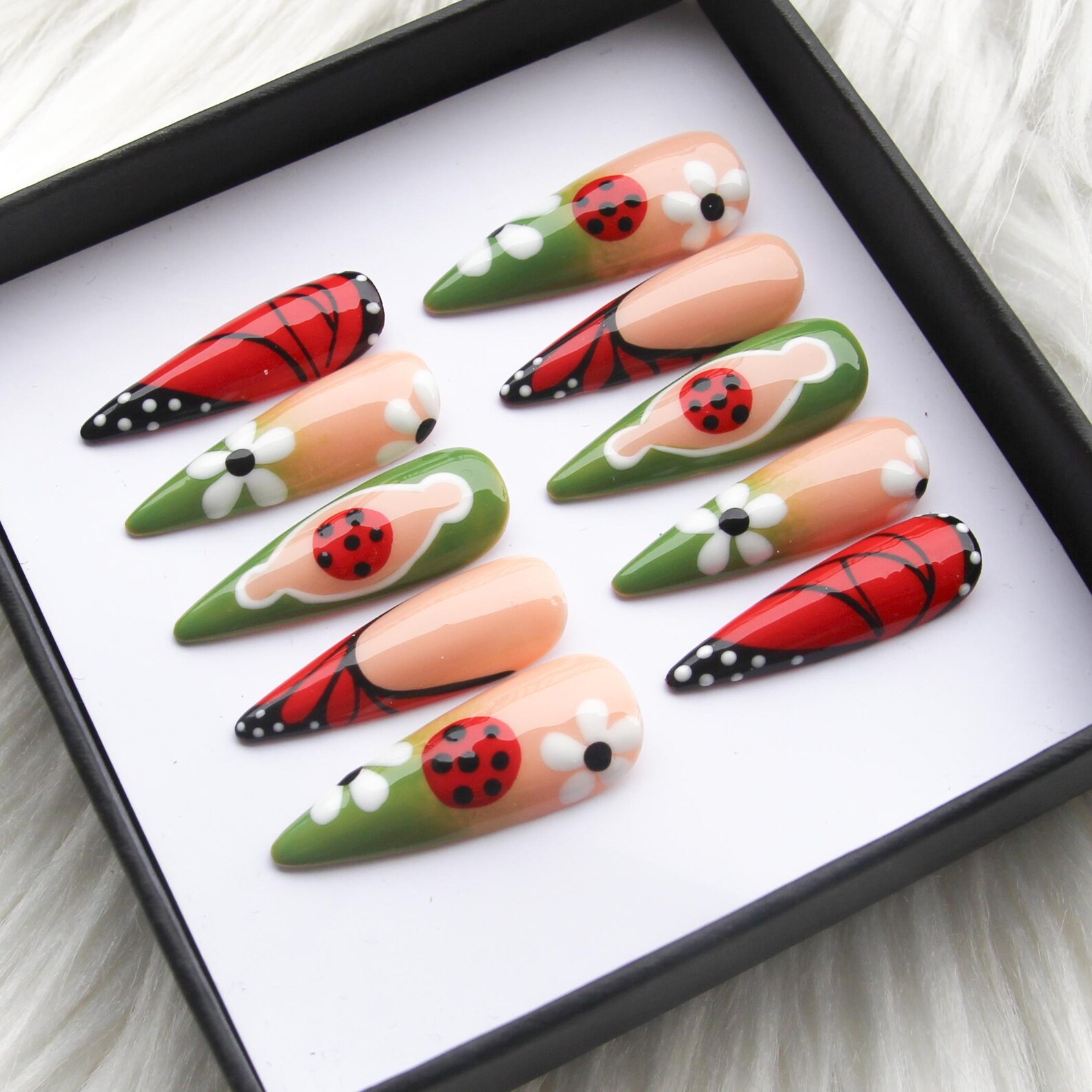 Ladybug Butterfly Daisy Garden Press on Nails | Floral Nail Art - Image 3