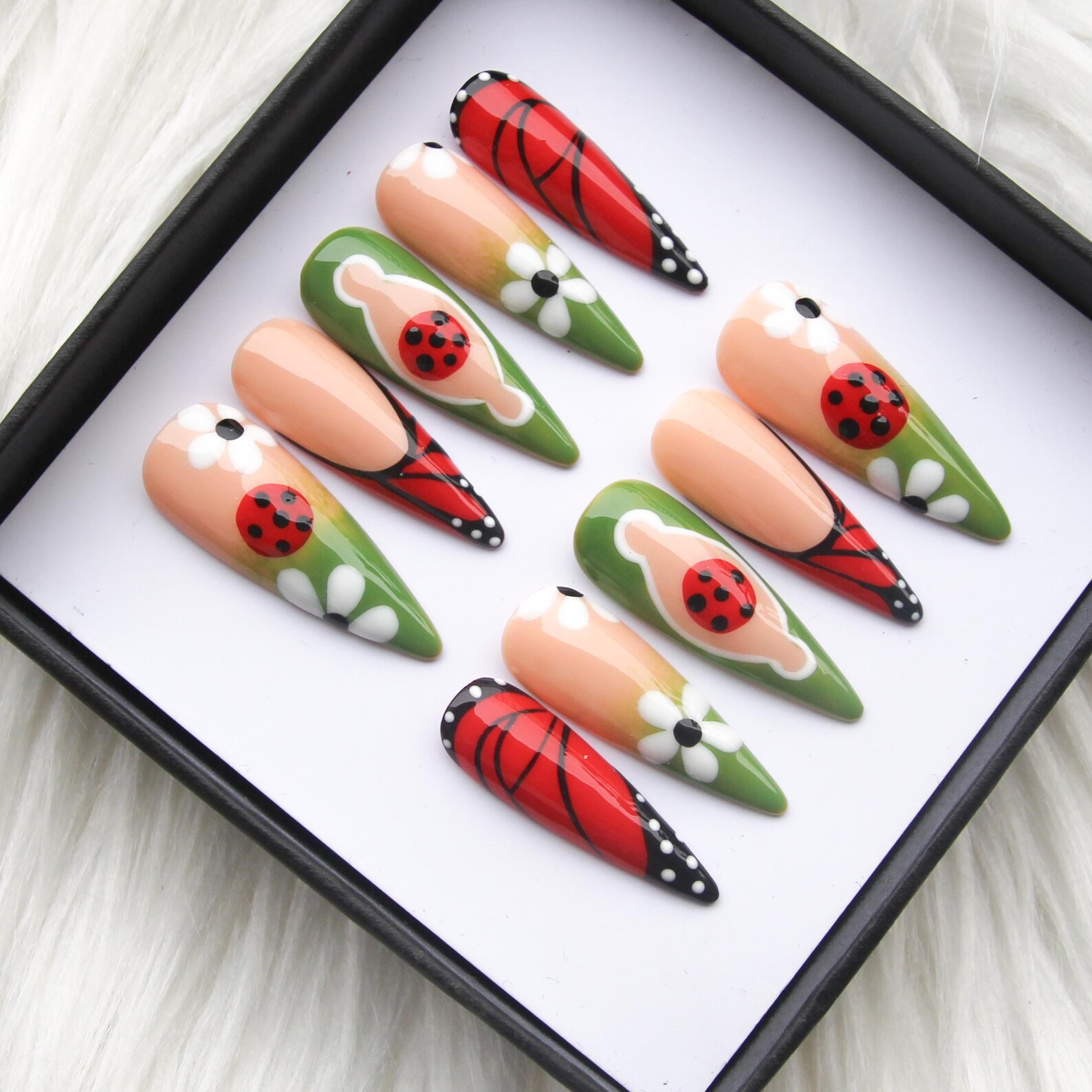Ladybug Butterfly Daisy Garden Press on Nails | Floral Nail Art - Image 2
