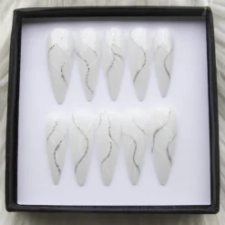 White Glitter Swirl Stiletto Press On Nails | Elegant Bridal Abstract Wave Long Nails