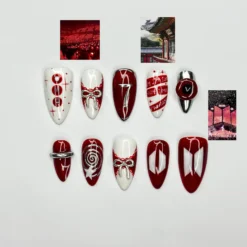 Kpop Inspired Cupid Voyage Nails |Red White Coquette Bow Concert Nails | Red White Silver Retro Pop Nails | Coquette Fandom Nails