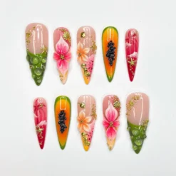 3D Tropical Papaya & Ocean Nails | Summer Starfish Seahorse Press Ons | Juicy Fruit Botanical Luxury Stiletto Art