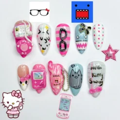 Cute Y2K Press On Nails | Cute Pink Gamer Nail Art | Harajuku Cartoon Nails | Retro Tech 3D Press Ons | Handmade Pastel Nails