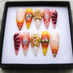 Alternative view of Sunset Orange Ombre Stiletto Press On Nails | 3D Gold Flower Water Drops V399