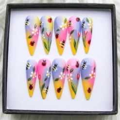 Hand-Painted Stiletto Press on Nails | Ladybug Floral Design, Spring Ombre False Nails