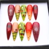 Tomato red stiletto press on nails with painted seed slices, green plaid and cherry tomatoes on the vine