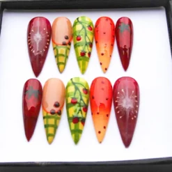 Tomato Red Stiletto Press on Nails | Green Plaid Picnic Nail Art
