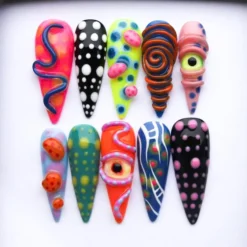 Trippy Psychedelic Stiletto Press on Nails | Neon Eye Spiral Art (Long Reusable) V395