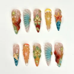 3D Fruit & Tropical Flower Nails | Yellow Lemon Orange Citrus Press On | Pastel Blue Shell Starfish Art | Summer Beach Vacation