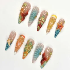 Alternative view of 3D Fruit & Tropical Flower Nails | Yellow Lemon Orange Citrus Press On | Pastel Blue Shell Starfish Art | Summer Beach Vacation