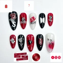 Red Black Kpop Press On Nails | Kpop Inspired Nail Art | Concert Aesthetic Almond Nails | Edgy Graphic Press Ons | Kpop Fan Nails
