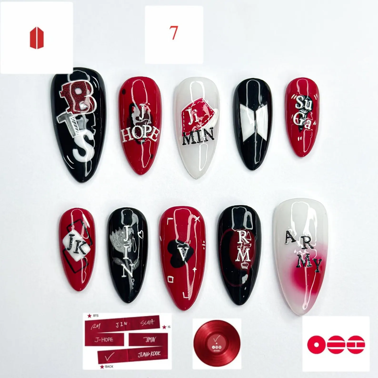Red Black Kpop Press On Nails | Kpop Inspired Nail Art | Concert Aesthetic Almond Nails | Edgy Graphic Press Ons | Kpop Fan Nails