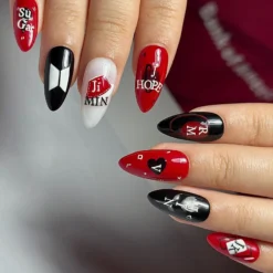Alternative view of Red Black Kpop Press On Nails | Kpop Inspired Nail Art | Concert Aesthetic Almond Nails | Edgy Graphic Press Ons | Kpop Fan Nails