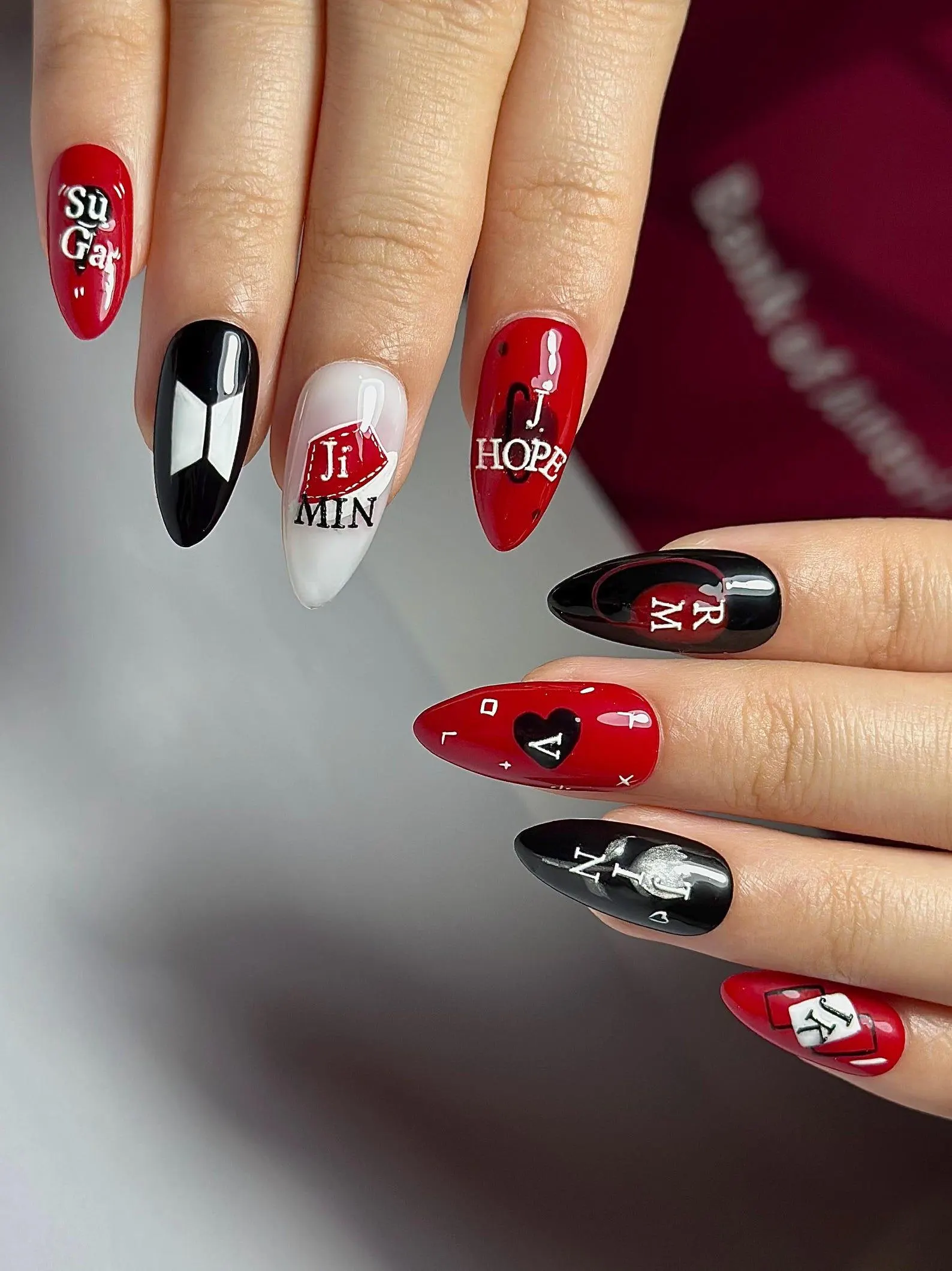 Red Black Kpop Press On Nails | Kpop Inspired Nail Art | Concert Aesthetic Almond Nails | Edgy Graphic Press Ons | Kpop Fan Nails - Image 2