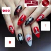 Red and black almond press-on nails worn on a hand, with hand-lettered names and graphic shapes, plus overlaid icons