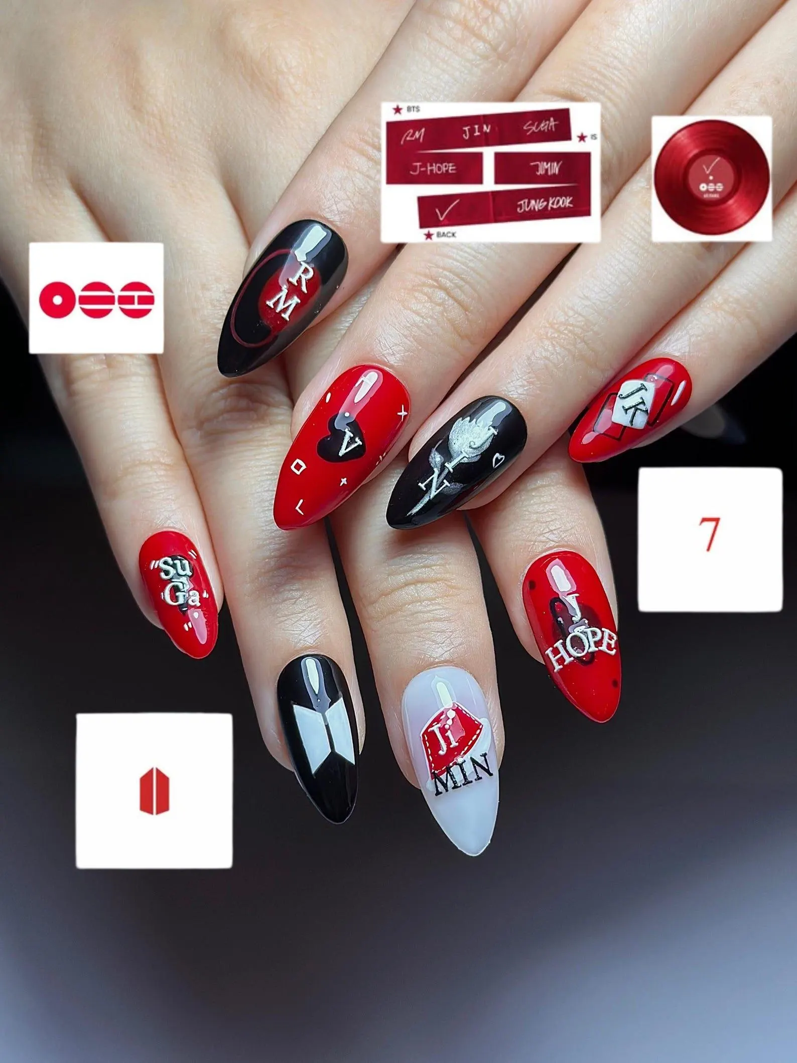 Red Black Kpop Press On Nails | Kpop Inspired Nail Art | Concert Aesthetic Almond Nails | Edgy Graphic Press Ons | Kpop Fan Nails - Image 3