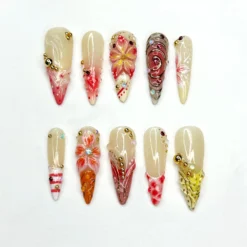 Summer 3D Press On Nails | Luxury Tropical Stiletto Nails | | Premium Beach Vacation Birthday Nails Gift