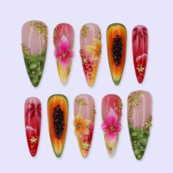 Tropical Summer Press On Nails | 3D Floral & Papaya Design | Handmade Long Almond Fake Nails | Vacation Beach Aesthetic Nail Art