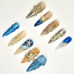 Alternative view of 3D Starfish & Jellyfish Ocean Nails | Gold Silver Metallic Chrome | Blue Beach Wave Press On | Coquette Pearl Summer Art
