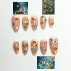 3D Fish Press On Nails | Cute Aquarium Almond Nails | Handpainted Ocean Jelly Fake Nails | Summer Beach Vacation Reusable Nails Gift