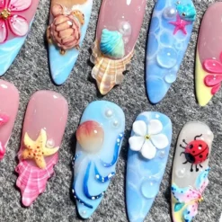 Alternative view of Summer Beach Press On Nails • Cute 3D Octopus Turtle Stiletto Fake Finger • Tropical Flower Starfish Vacation Gel Manicure