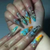 3D Teal & Orange Flower Wedding Press-On Nails