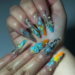 Alternative view of 3D Flower Press On Nails, Luxury Teal Orange Fake Nails, Handmade Stiletto Glue On Nails Trendy Summer Gel Nails for Wedding Party