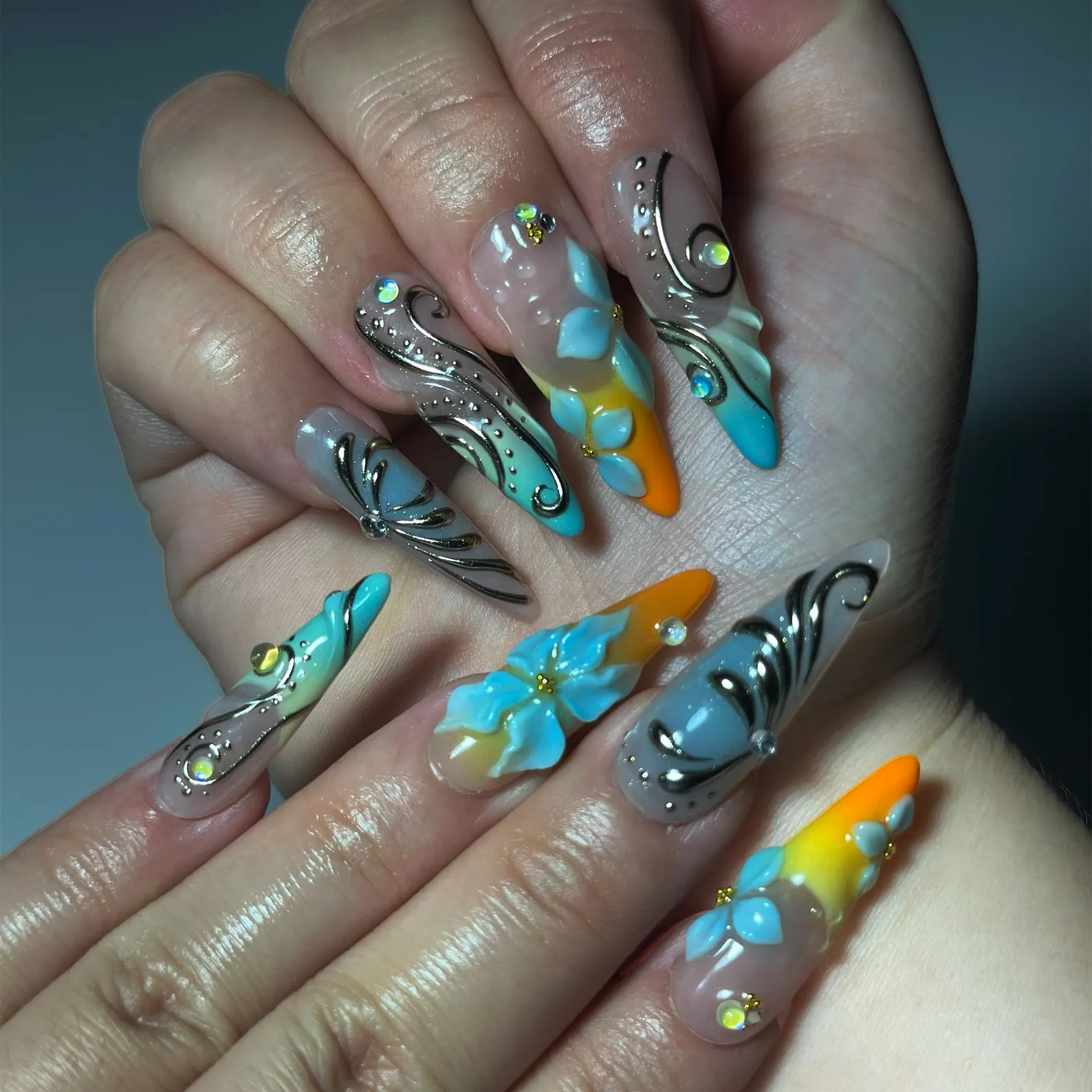 3D Flower Press On Nails, Luxury Teal Orange Fake Nails, Handmade Stiletto Glue On Nails Trendy Summer Gel Nails for Wedding Party - Image 2