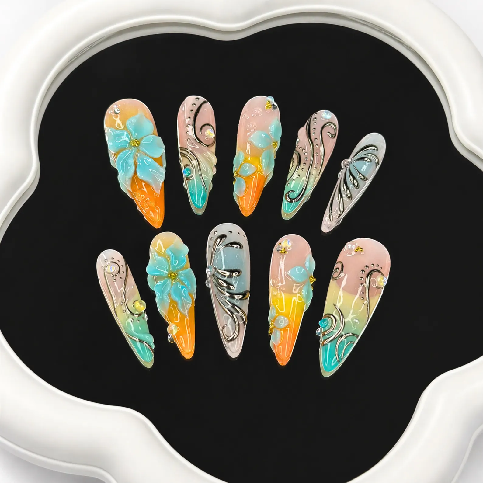3D Flower Press On Nails, Luxury Teal Orange Fake Nails, Handmade Stiletto Glue On Nails Trendy Summer Gel Nails for Wedding Party - Image 3